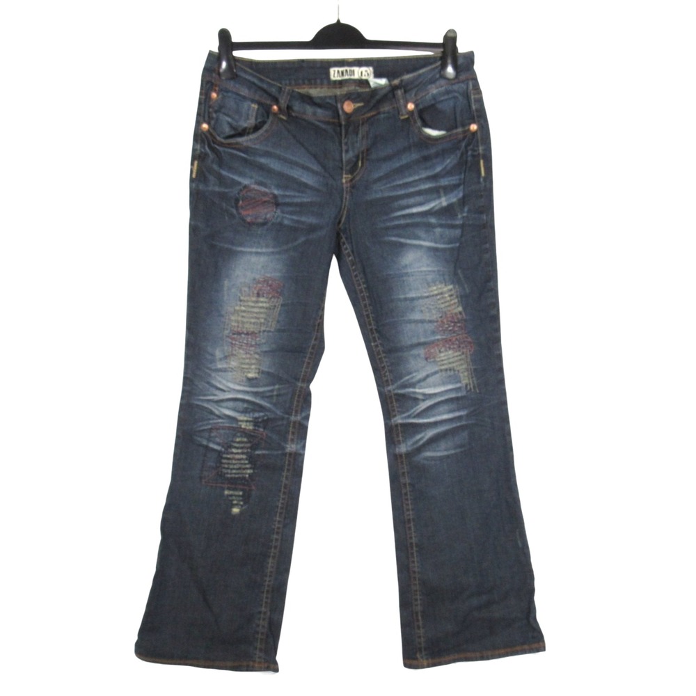 VTG Y2K ZANADI Dark Denim DESTROYED FRAYED PATCHED Mid-Rise BOOTCUT JEANS sz 31"